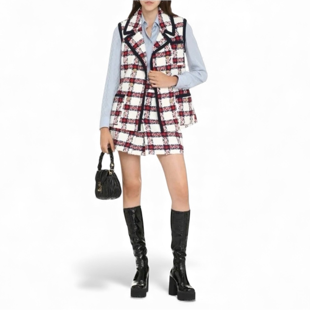 Gucci Plaid Tweed Vest Mini Skirt Vest Set Red White Blue IT40 IT44 EUC ⚪️